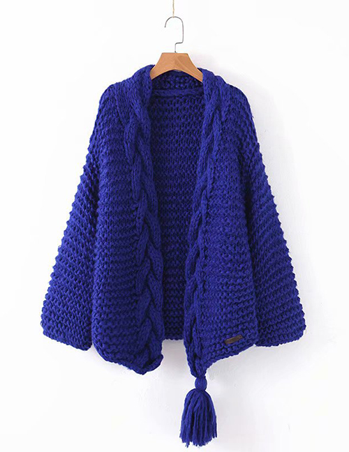 Fashion Blue Knitted Twist Fringed Sweater