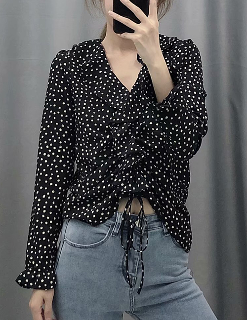 Fashion Black Polka-dot Drawstring V-neck Shirt