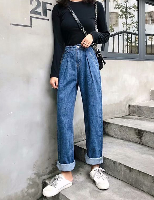 Fashion Navy Washed Waist Pleated Jeans