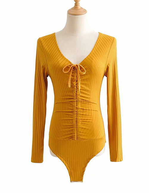 Fashion Yellow Threaded V-neck Lace Jumpsuit
