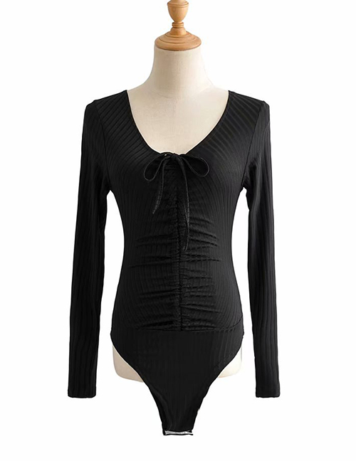 Fashion Black Threaded V-neck Lace Jumpsuit