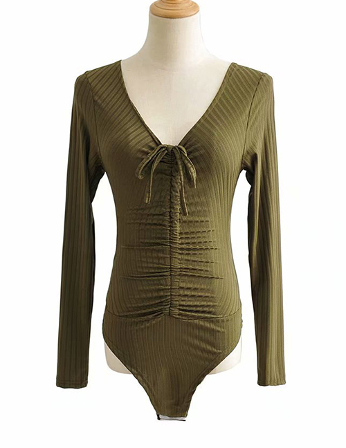 Fashion Army Green Threaded V-neck Lace Jumpsuit