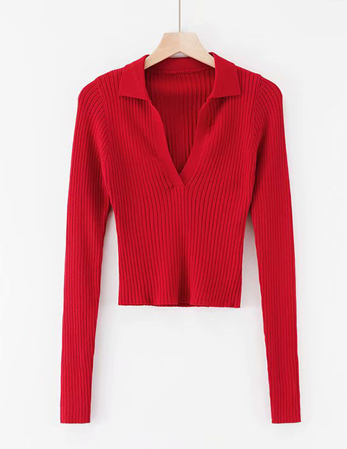 Fashion Red Knitted Lapel V-neck T-shirt