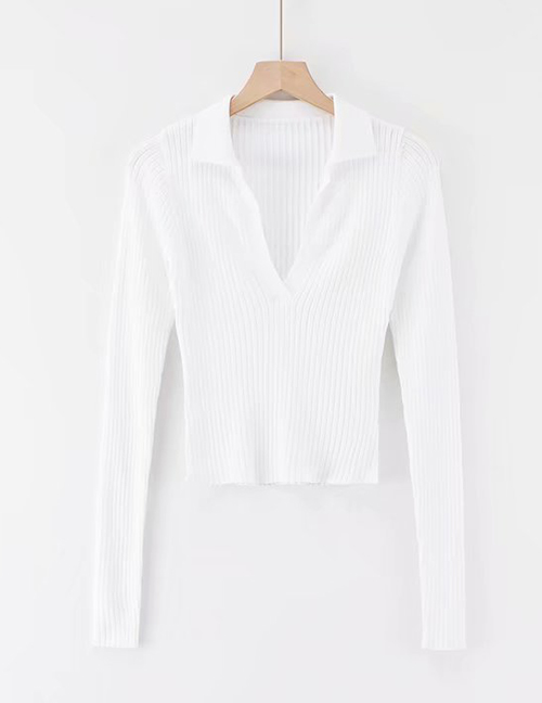 Fashion White Knitted Lapel V-neck T-shirt