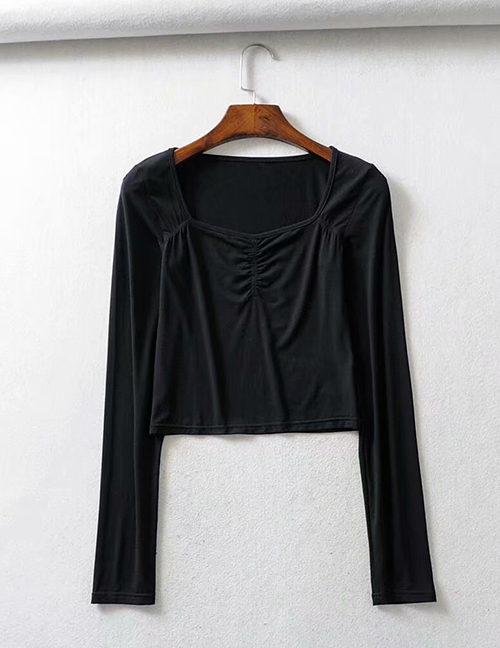 Fashion Black Elastic Square Neck Pleated Long Sleeve T-shirt