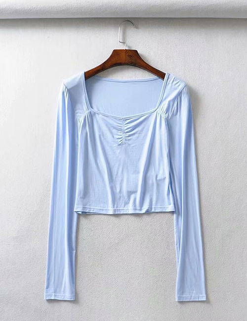 Fashion Blue Elastic Square Neck Pleated Long Sleeve T-shirt