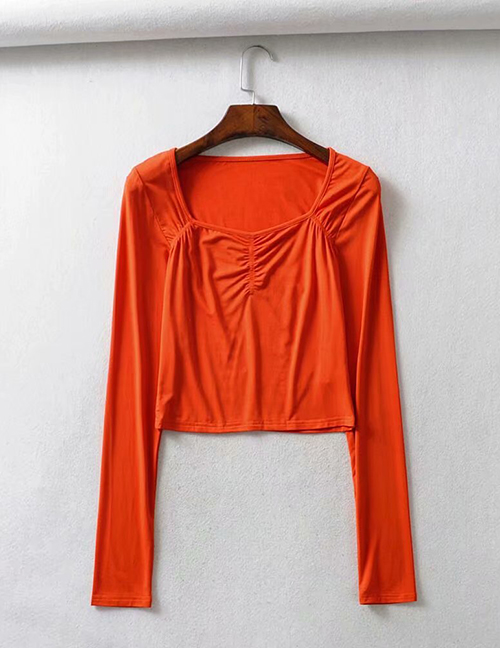 Fashion Orange Red Elastic Square Neck Pleated Long Sleeve T-shirt
