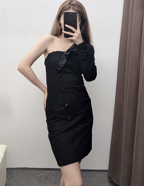Fashion Black One-shoulder Double-breasted Suit Collar Dress