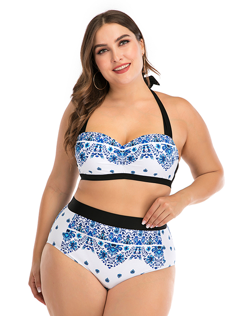 Fashion Blue Underwire Flower Print Stitching Contrast High Waist Large Size Split Swimsuit