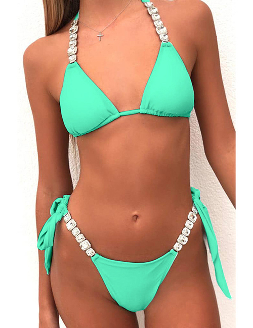 Fashion Green Crystal And Diamond Bandage Split Swimsuit
