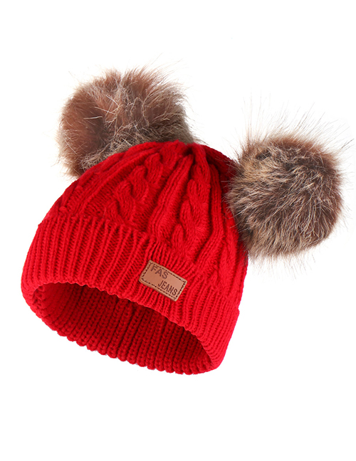 Fashion Brown Ball-scarlet Thick Double Wool Ball With Standard Children's Wool Hat