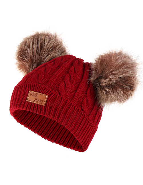 Fashion Brown Ball-wine Red Thick Double Wool Ball With Standard Children's Wool Hat