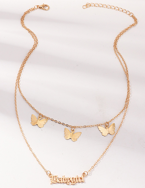 Fashion Golden Metal Three-dimensional Butterfly Double Letter Necklace