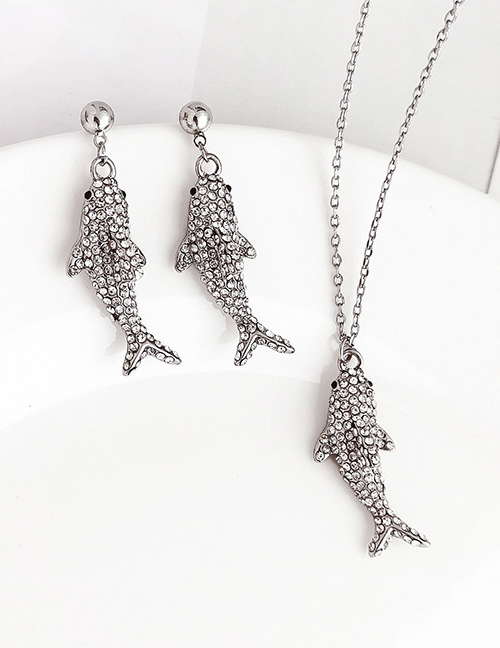 Fashion Silver Diamond Fish Necklace Earring Set