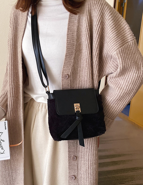 Fashion Black Plush Stitched Lock Shoulder Crossbody Bag