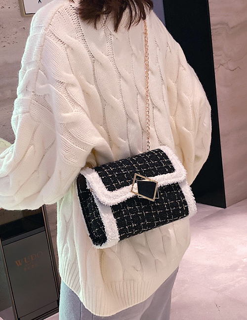 Fashion Black 1 Chain Woolen Diamond Diagonal Shoulder Bag