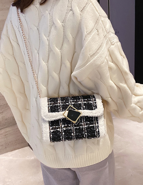 Fashion Black 2 Chain Woolen Diamond Diagonal Shoulder Bag