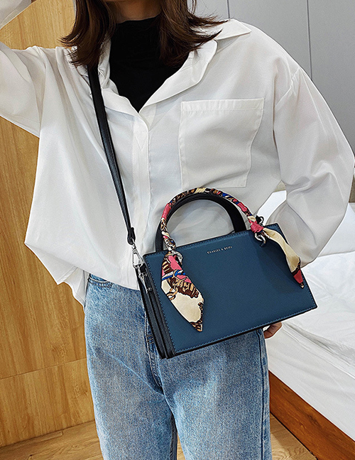 Fashion Blue Scarf Stitched Contrast Bronzing Alphabet Shoulder Bag