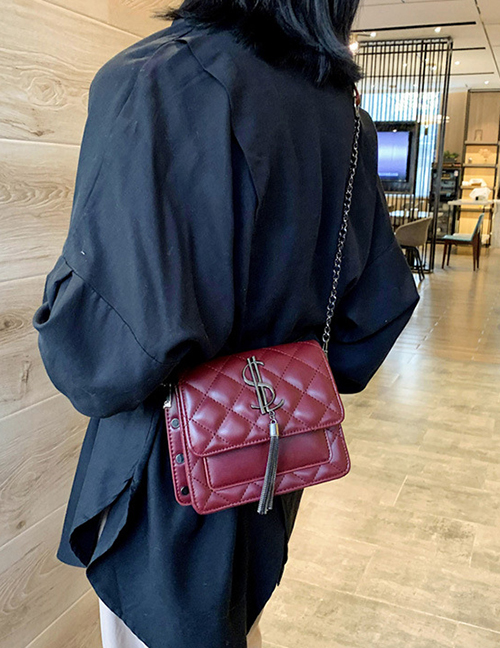 Fashion Red Wine Tassel Diamond Chain Shoulder Bag
