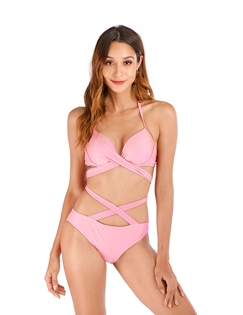 Fashion Pink Cross Strap Cutout Split Swimsuit