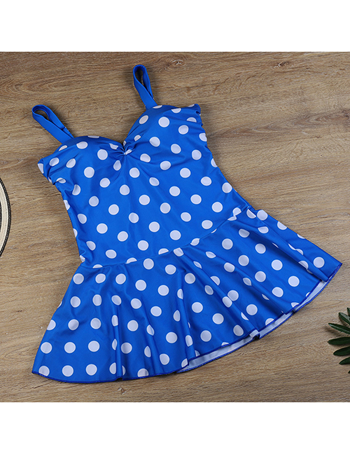 Fashion Blue Polka Dot Sling-style Pleated Panel Plus Size One-piece Swimsuit