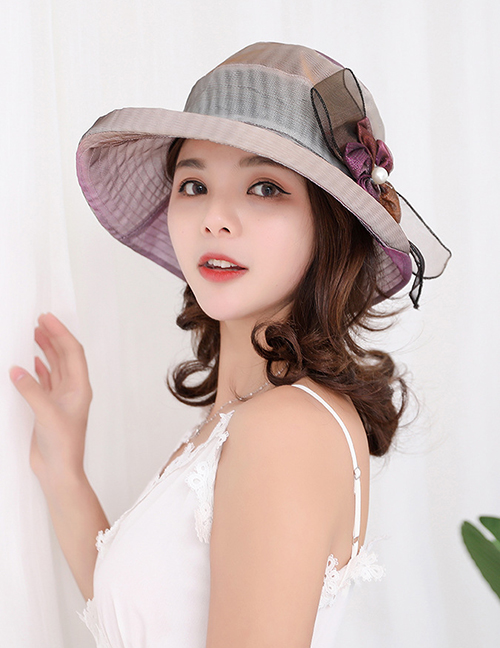 Fashion Purple Contrast Hat With Flower Bow And Pearl Mesh