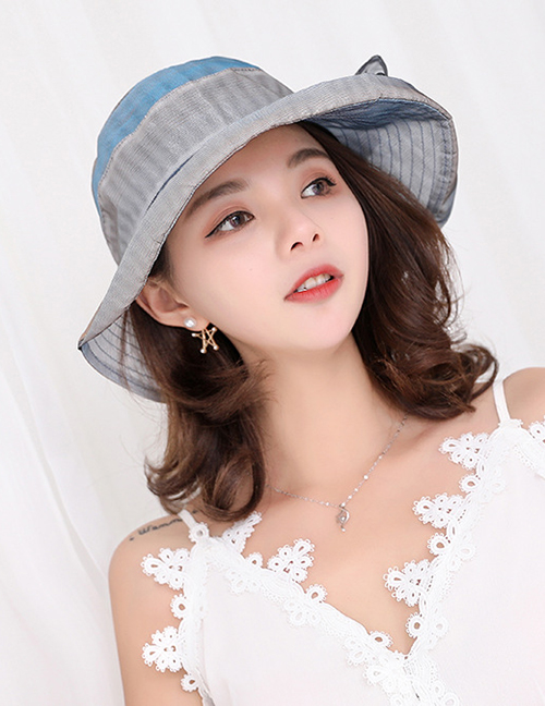 Fashion Navy Contrast Hat With Flower Bow And Pearl Mesh
