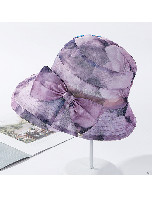 Fashion 9540 Light Purple Bow-knit Pearl Mesh Contrast Hat