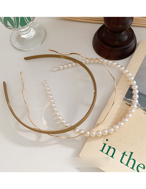 Fashion Khaki Pearl Wave Metal Toothed Hair Hoop Combination