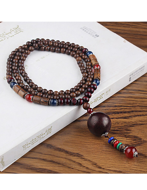Fashion Brown Sandalwood Ball Beads Long Sweater Chain