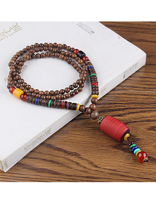 Fashion Red Plastic Cylindrical Wooden Beads Long Sweater Chain