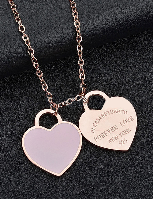 Fashion Pink Heart-rose Gold Stainless Steel Double Heart Enamel Letter Necklace