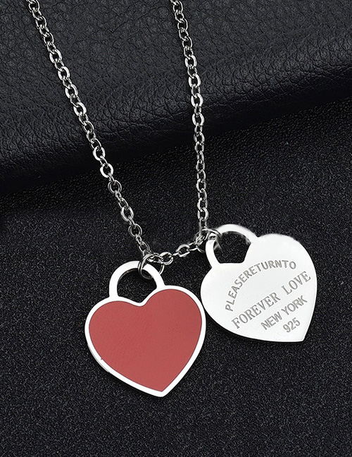 Fashion Red Heart-steel Stainless Steel Double Heart Enamel Letter Necklace
