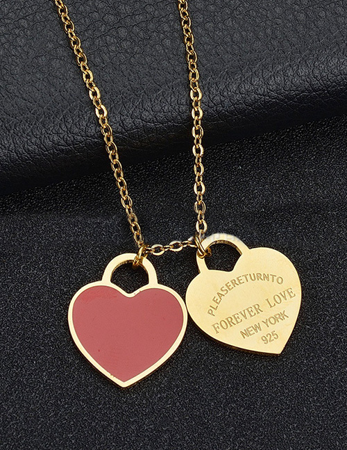 Fashion Red Hearts-golden Stainless Steel Double Heart Enamel Letter Necklace