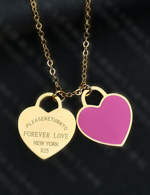 Fashion Rose Heart-golden Stainless Steel Double Heart Enamel Letter Necklace