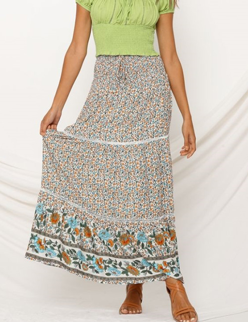Fashion Blue Elastic Waist Cutout Floral Print Skirt