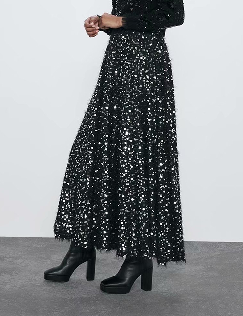 Fashion Black Sequin-embellished Elastic Waist Skirt
