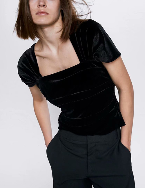 Fashion Black Pleated V-neck Velvet Short Sleeve Top