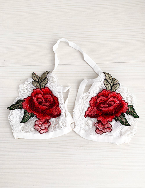 Fashion White + Red Lace Embroidered Flower Lingerie