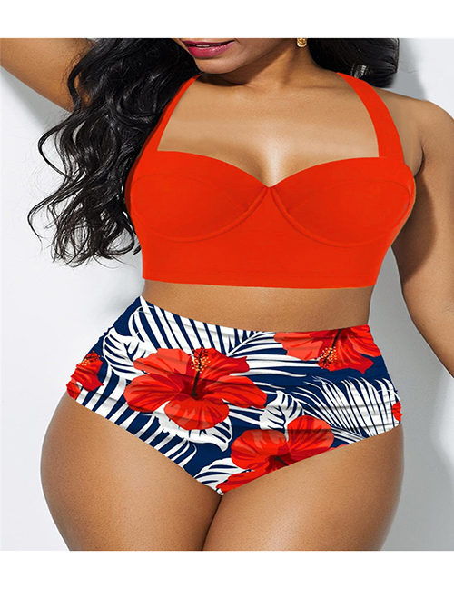 Fashion Red Printed Pleated High Waist Plus Size Split Swimsuit