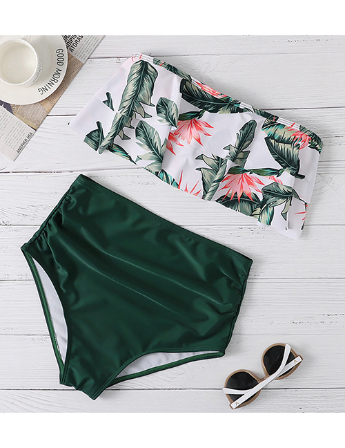 Fashion Green Pants Printed Ruffled Plus Size High Waist Split Swimsuit