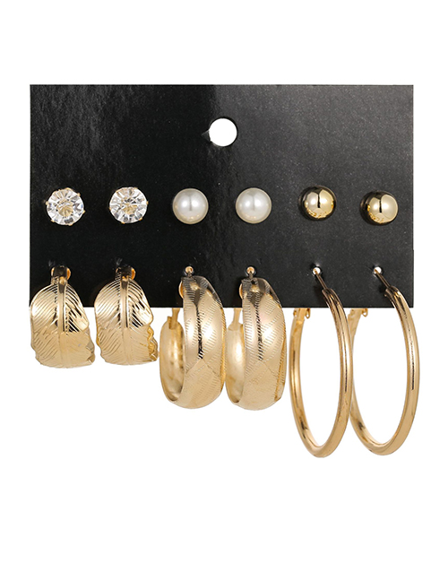 Fashion Golden Pearl And Feather Geometric Hoop Earring Set
