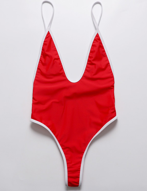 Fashion Red Deep V-neck One-piece Swimsuit With Suspenders