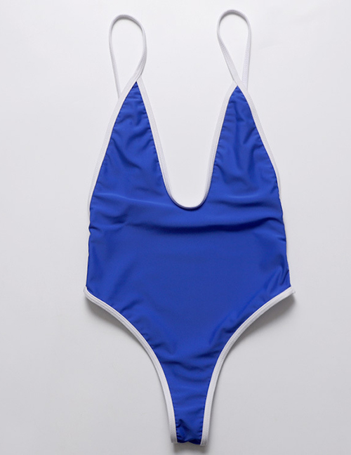 Fashion Blue Deep V-neck One-piece Swimsuit With Suspenders