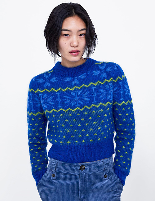 Fashion Blue Jacquard Jacquard Contrast Short Sweater