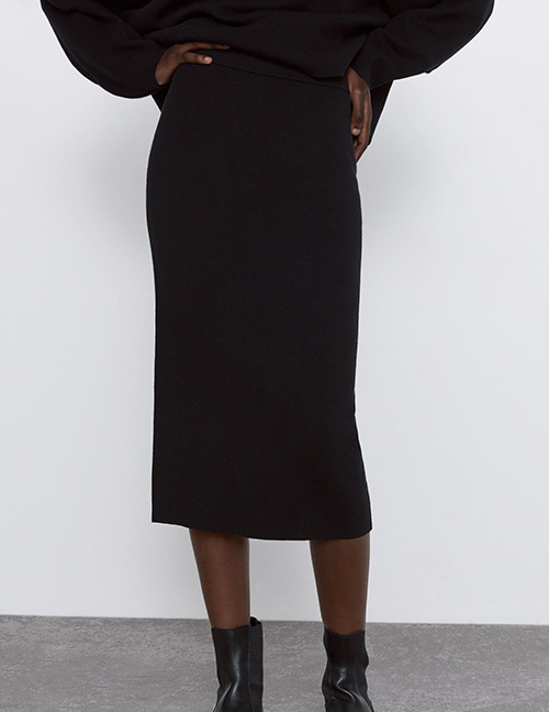 Fashion Black Knit Solid Color Straight Skirt