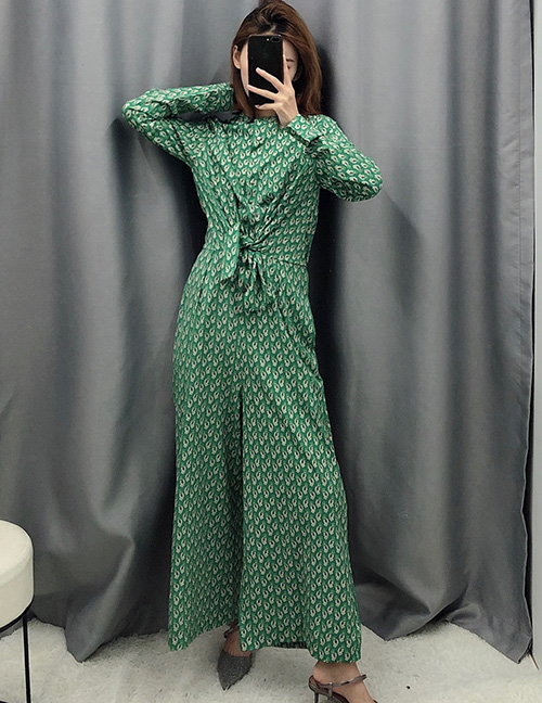 Fashion Green Print Floral Tie Strap Long Sleeve Jumpsuit