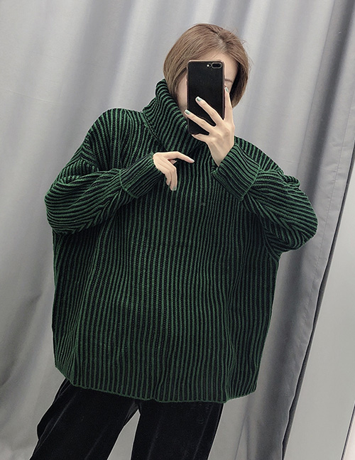 Fashion Green Turtleneck Striped Loose Sweater