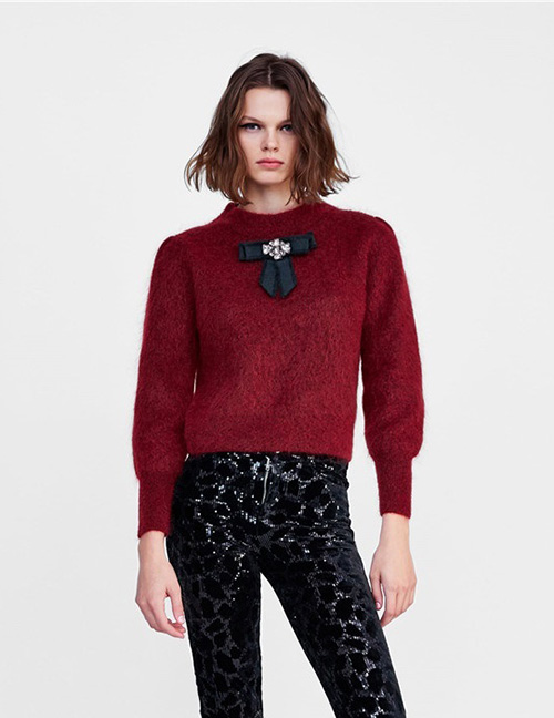 Fashion Red Bow-embellished Sweater With Diamonds