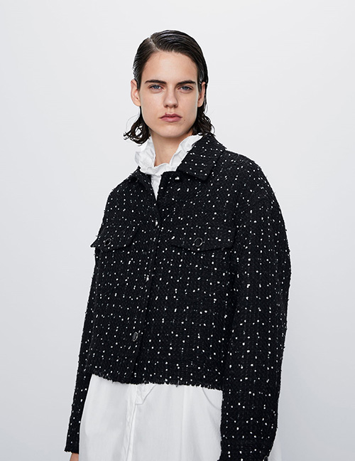 Fashion Black Breasted Tweed Polka Dot Coat
